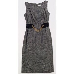 Original Milly of New York Size 0 Navy Tweed Dress With Gold Chain Accents